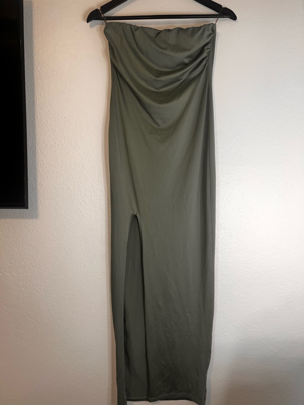Olive Green Strapless Maxi Dress with Front Slit